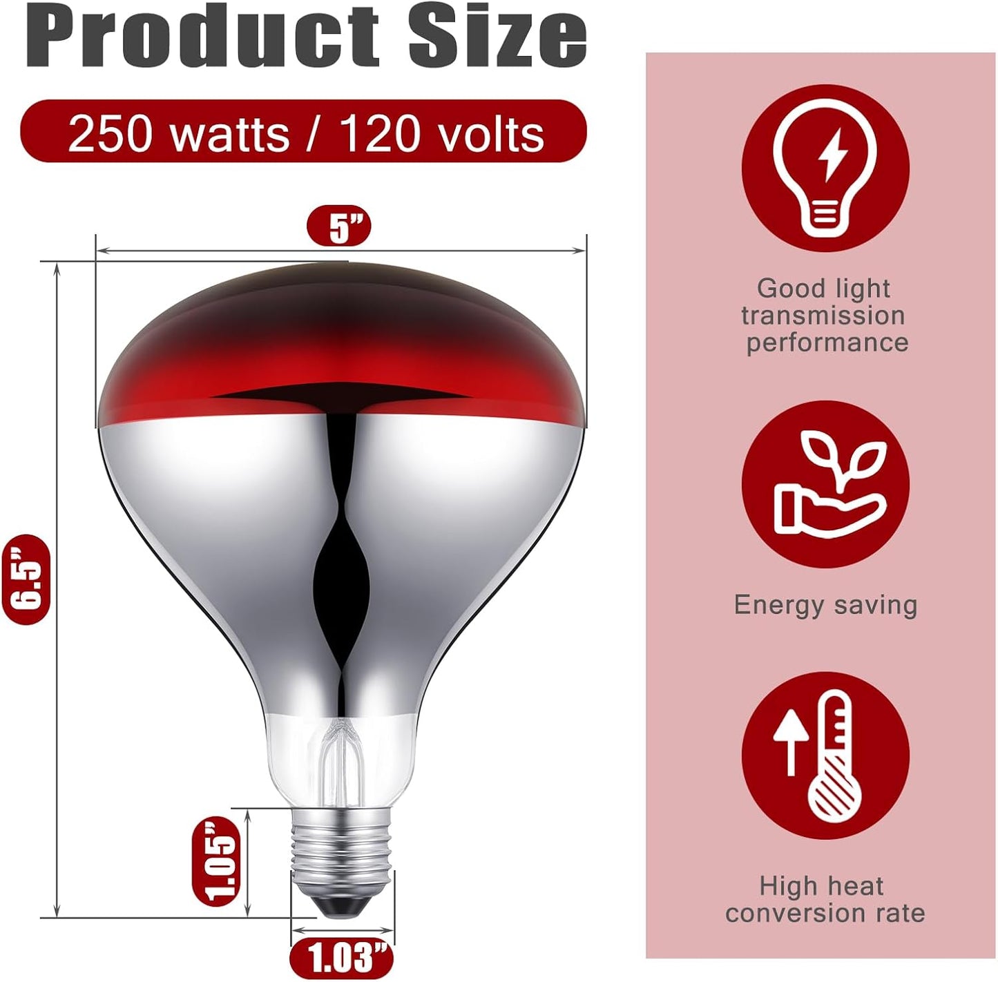 VIHOSE 1 Pack 250 Watt Heat Lamp 120v R40 Heat Lamp Bulbs Glass Incandescent Light Bulbs Incandescent Heating Lightbulbs for Reptiles Chicks Food Puppies Bathroom, Use E26 Base (Red)