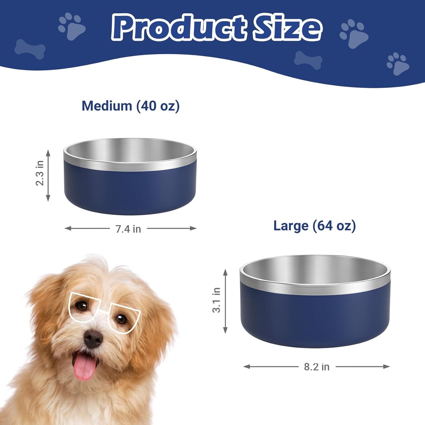 LIANLAI Dog Bowls, Rust-Resistant Stainless Steel Dog Bowls, Spill Proof Double Puppy Dishes for Food, Dishwasher Safe (Blue,40 oz)