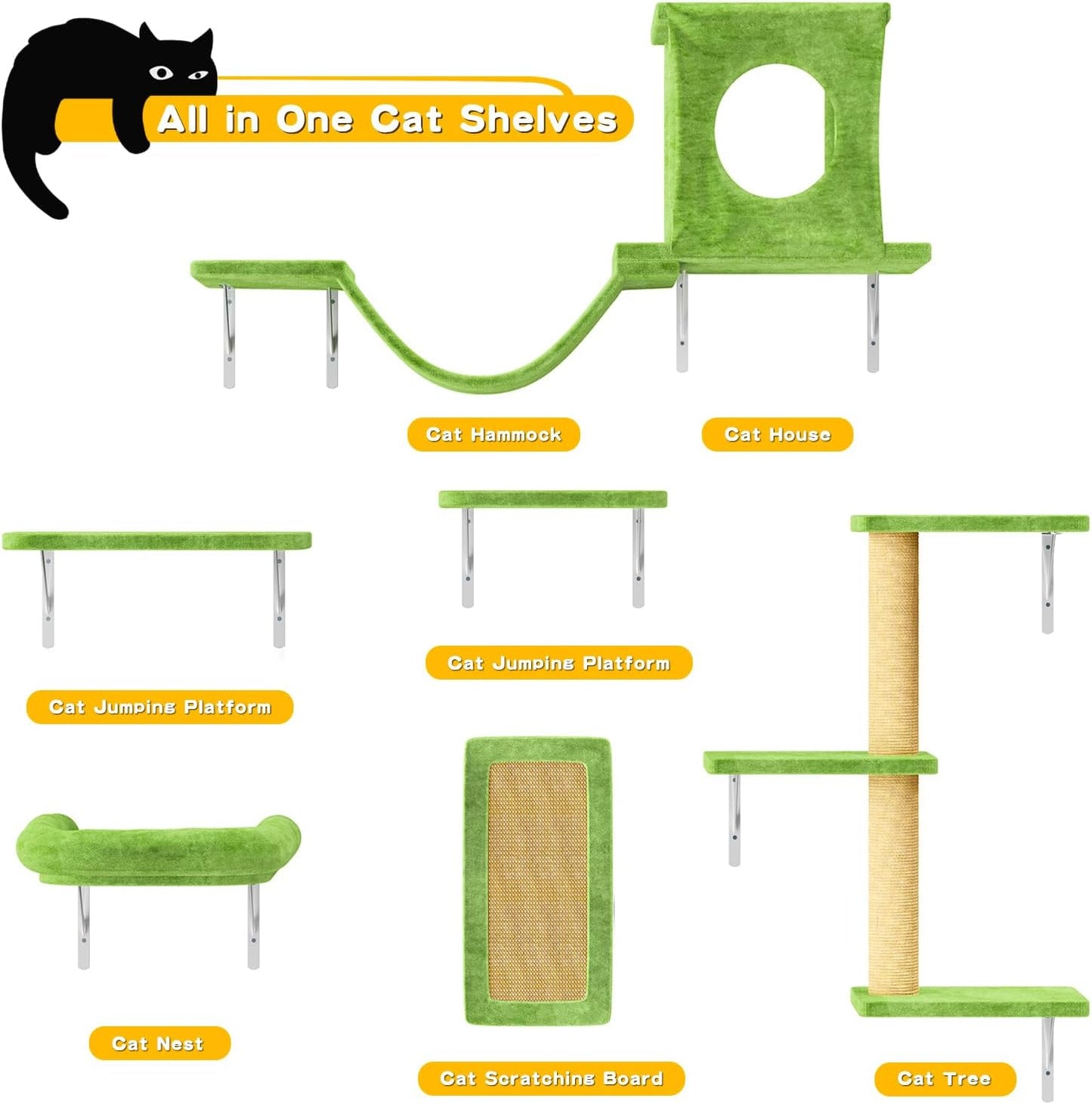 NUNU LAB Wall Mounted Cat Climber Set, 6 Pcs Cat Furniture Set with House, Bridge, Steps, Scratcher Board and Hammock, Shelves for Indoor, Luxury Walls Furniture(Green)