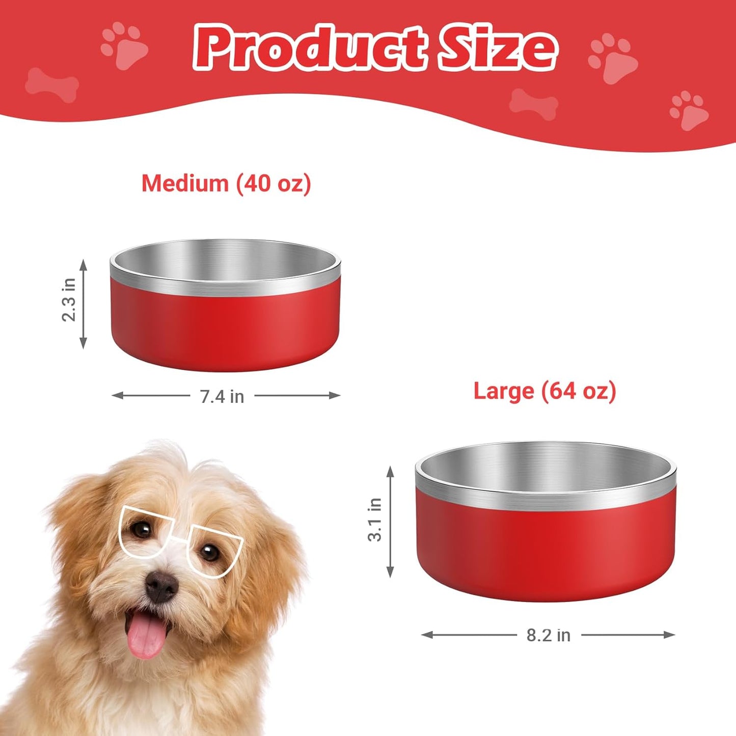 LIANLAI Dog Bowls Large Sized, Rust-Resistant Stainless Steel Dog Bowls, Non Slip Puppy Dishes, Dishwasher Safe (Red,64 oz)