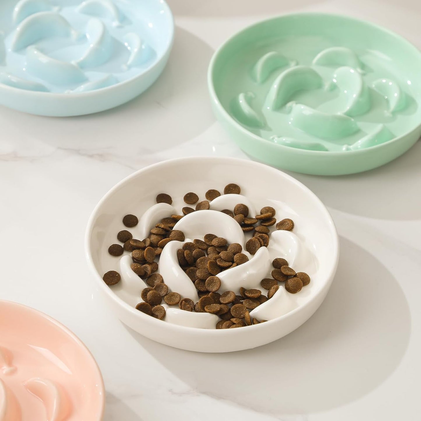 Ceramic Cat Slow Feeder Bowl - Pastel Series Cat Plate for Dry and Wet Food - Cute Maze Feeder Dish for Healthy Eating - Dishwasher Safe - 6.3''W x 1.2''H - 7 OZ - Ivory White