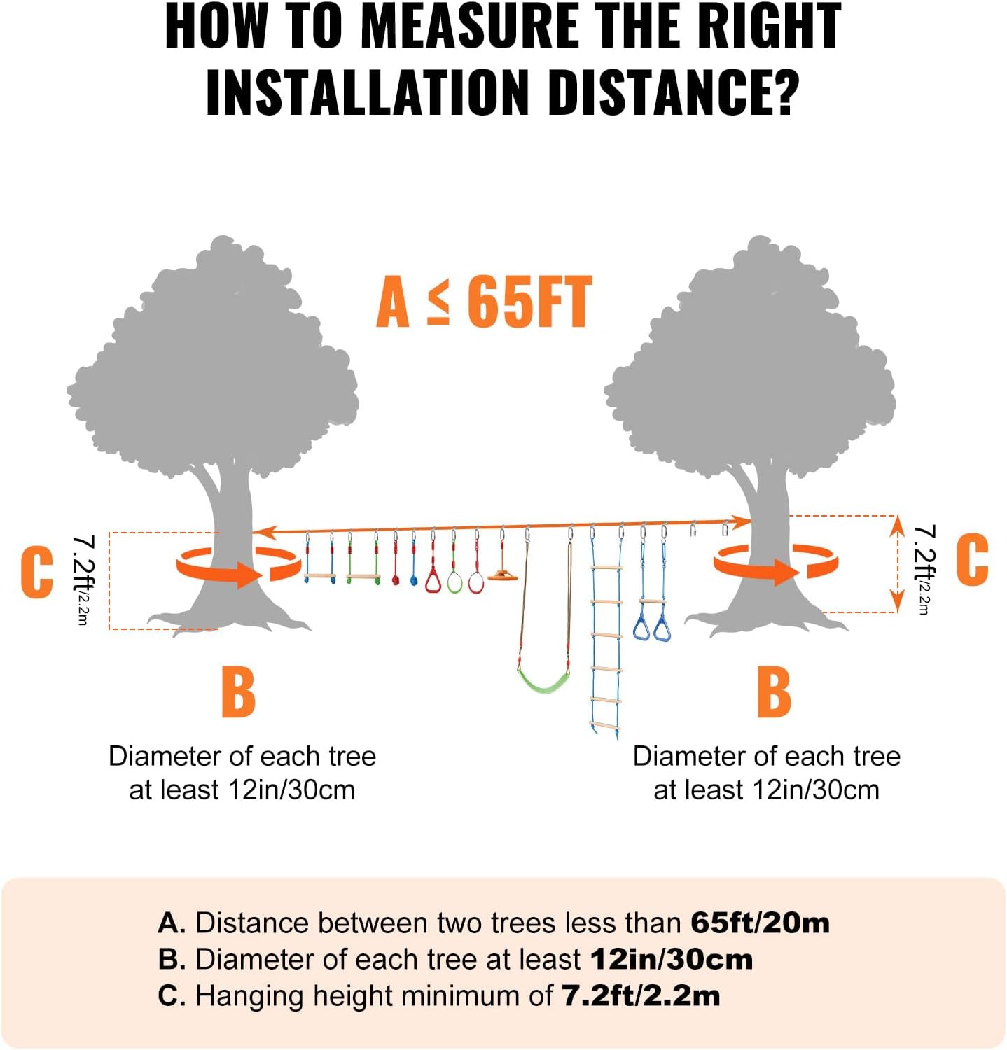 VEVOR Ninja Warrior Obstacle Course for Kids, 2 x 65 ft Weatherproof Slacklines, 500lbs Weight Capacity Monkey Line, Outdoor Playset Equipment, Backyard Toys Training Equipment Set with 12 Obstacles