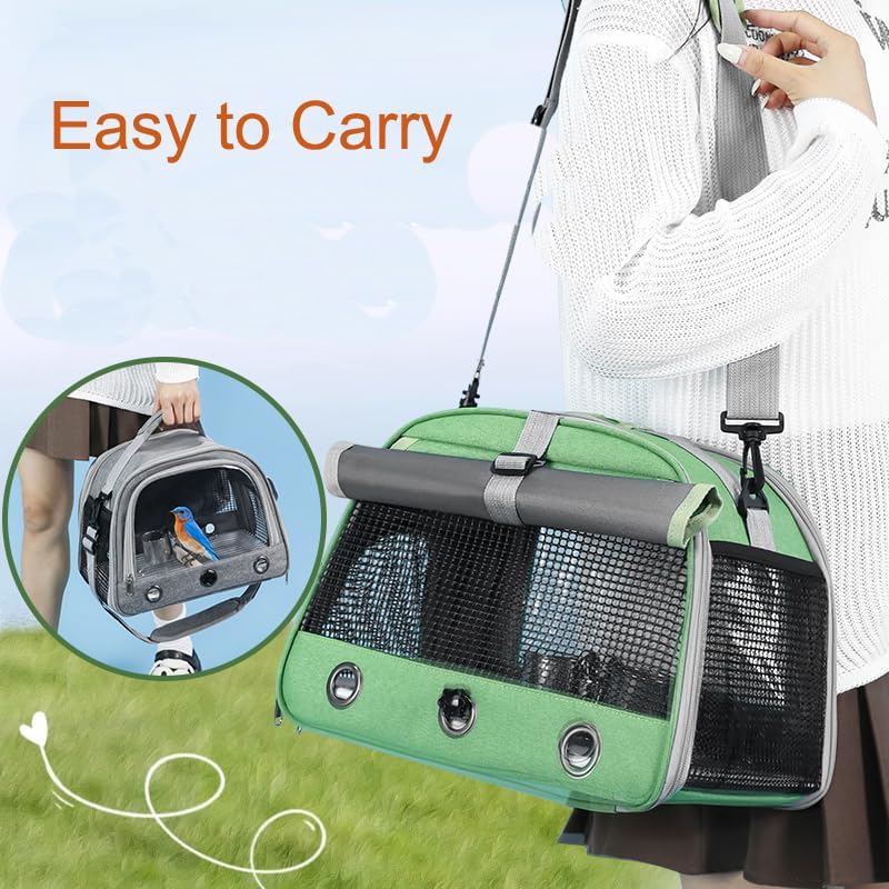 Bird Travel Carrier, Portable Small Bird Parrot Parakeet Carrier with Standing Perch and Tray, Side Access Window Collapsible Bird Carry Transport Bag for Vet Visit(Green)