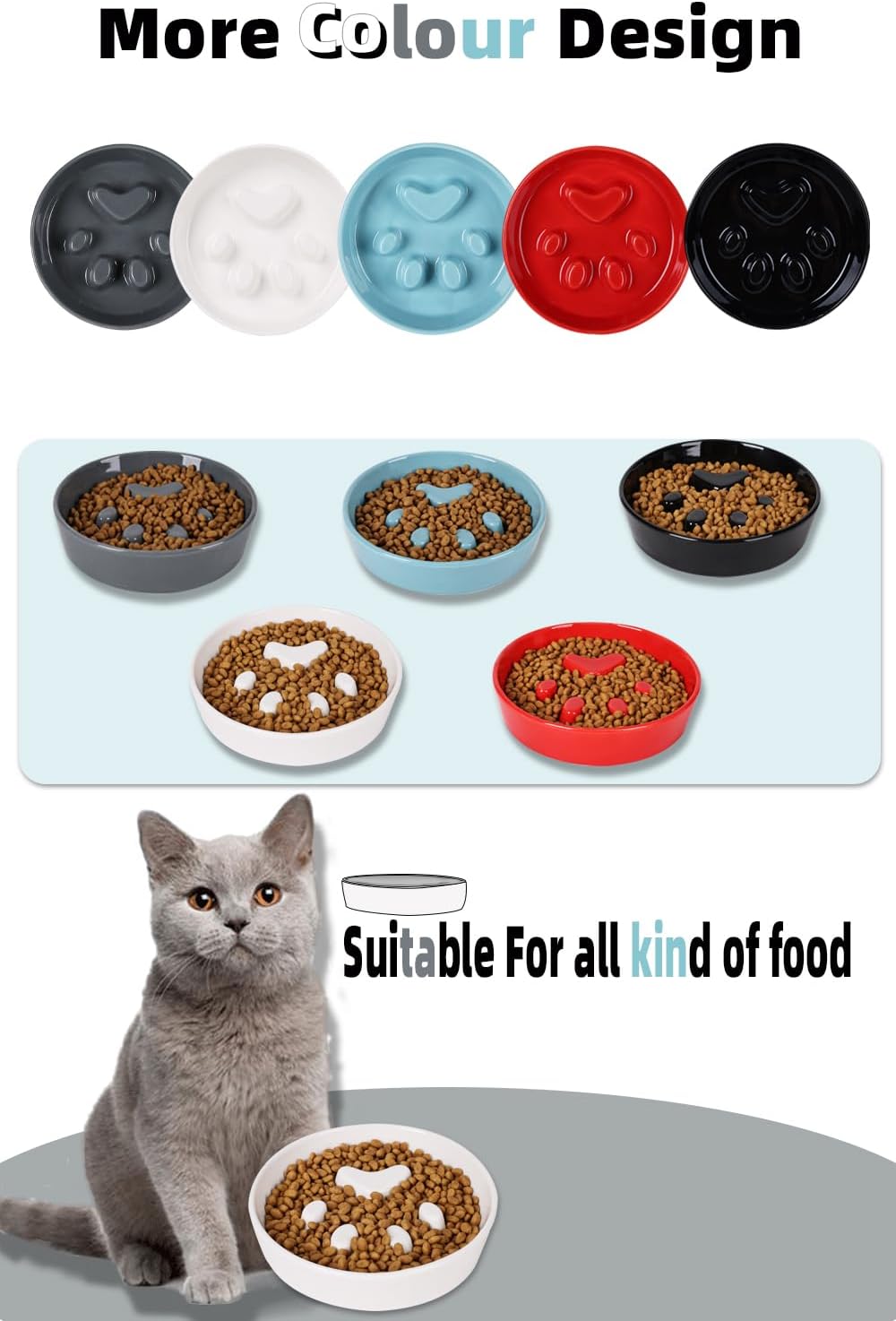 Slow Feeder Cat Bowls, Ceramic Fun Slow Eater Bowl for Cats (White)