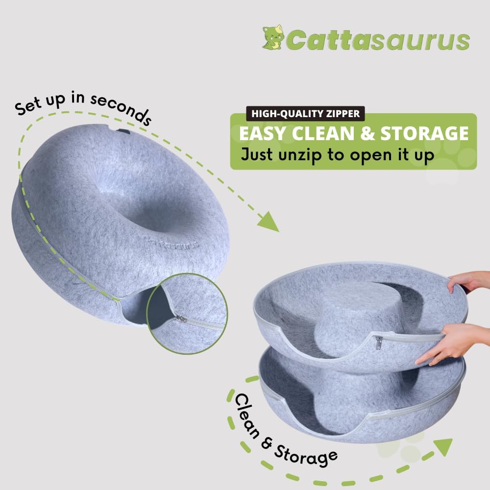 CATTASAURUS Peekaboo Cat Cave for Multiple & Large Cats Up to 30-45 Lbs, Scratch Detachable & Washable Tunnel Bed, Comfy Donut Cat Cave (Light Gray + Light Gray, Large)