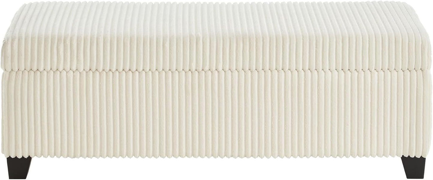 48" Ottoman with Storage, Corduroy Storage Ottoman Bench for Bedroom, End of Bed Bench with Safety Hinge for Living Room, Bedroom, Entryway, White