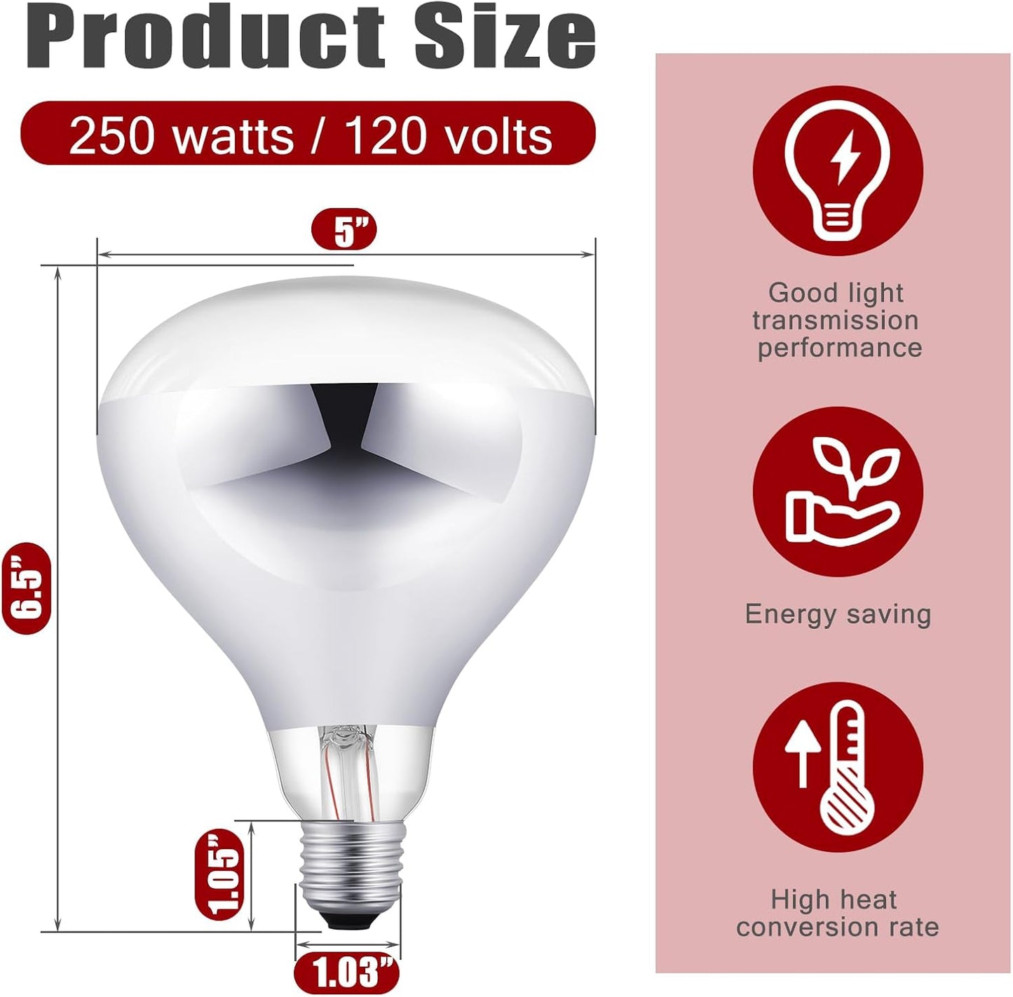VIHOSE 6 Pack 250 Watt Heat Lamp 120v R40 Heat Lamp Bulbs Glass Incandescent Light Bulbs Incandescent Heating Lightbulbs for Reptiles Chicks Food Puppies Bathroom, Use E26 Base (Silver,Red)