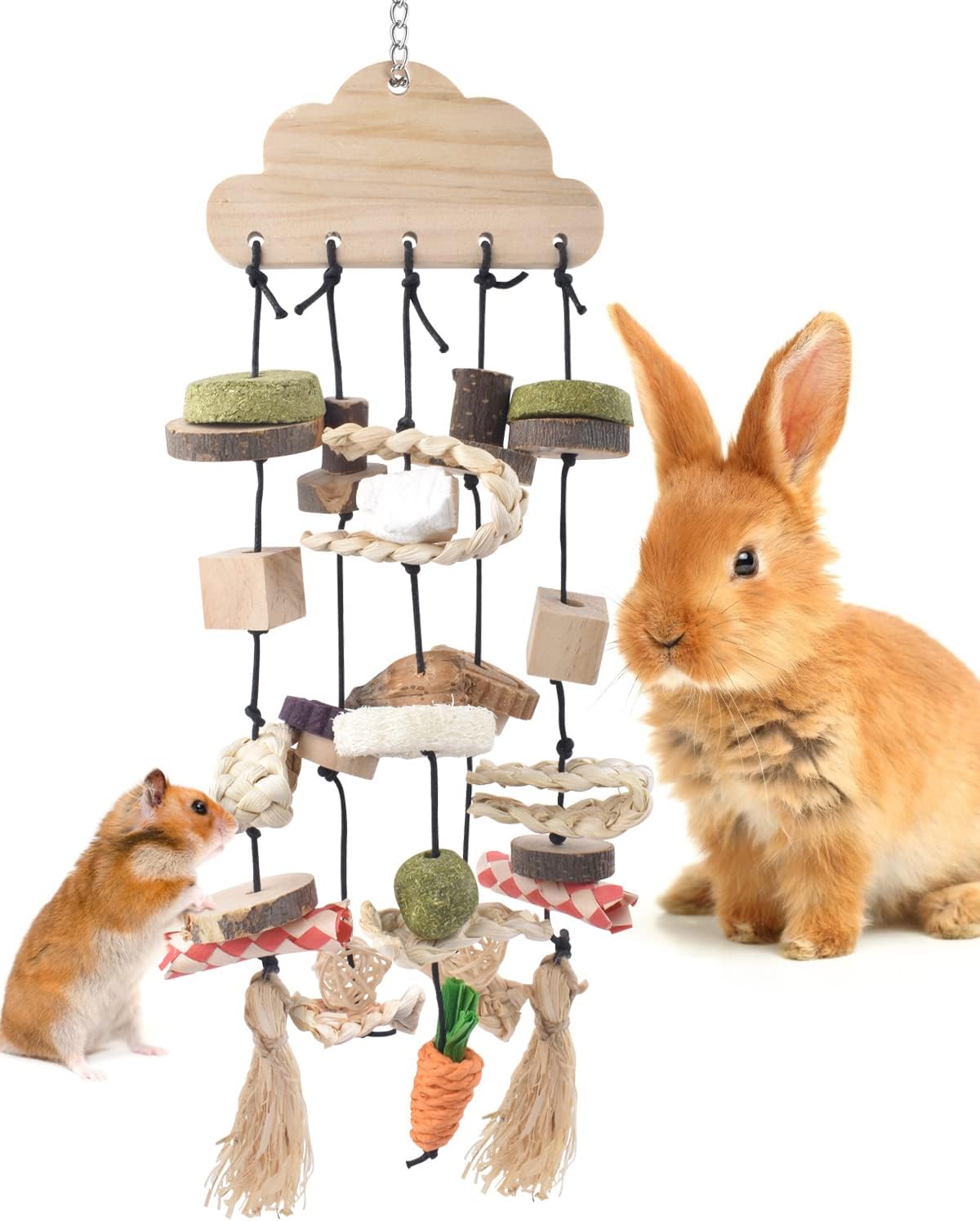 Bissap Rabbit Chew Toy, Bunny Cage Hanging Chew Toys and Treats Wooden with Snacks for Guinea Pigs Chinchillas Hamsters Rats and Other Small Pets Teeth Grinding