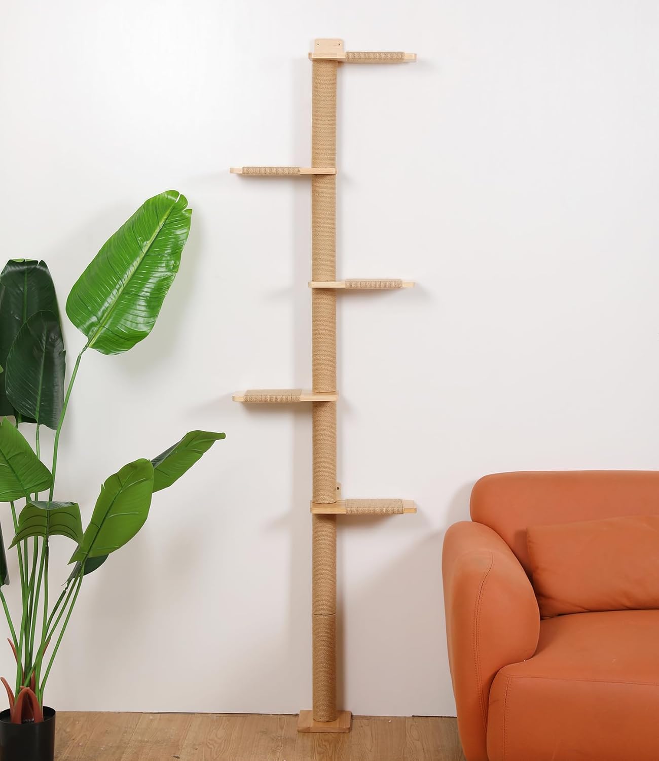 5 Tier Floor to Ceiling Cat Tree Tower with Wall-Mounted Scratching Post, Playful Wall Climbing Shelves for Cats, Ideal for Kittens to Climb, Scratch, and Lookout, Wild Simulation Design