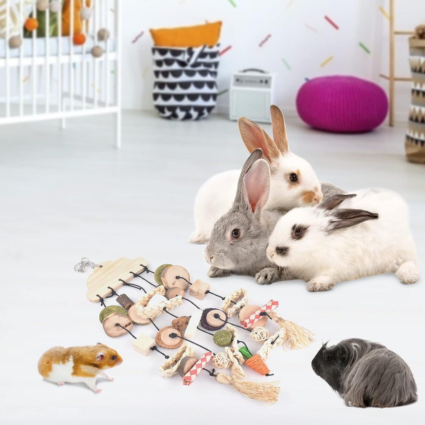 Bissap Rabbit Chew Toy, Bunny Cage Hanging Chew Toys and Treats Wooden with Snacks for Guinea Pigs Chinchillas Hamsters Rats and Other Small Pets Teeth Grinding