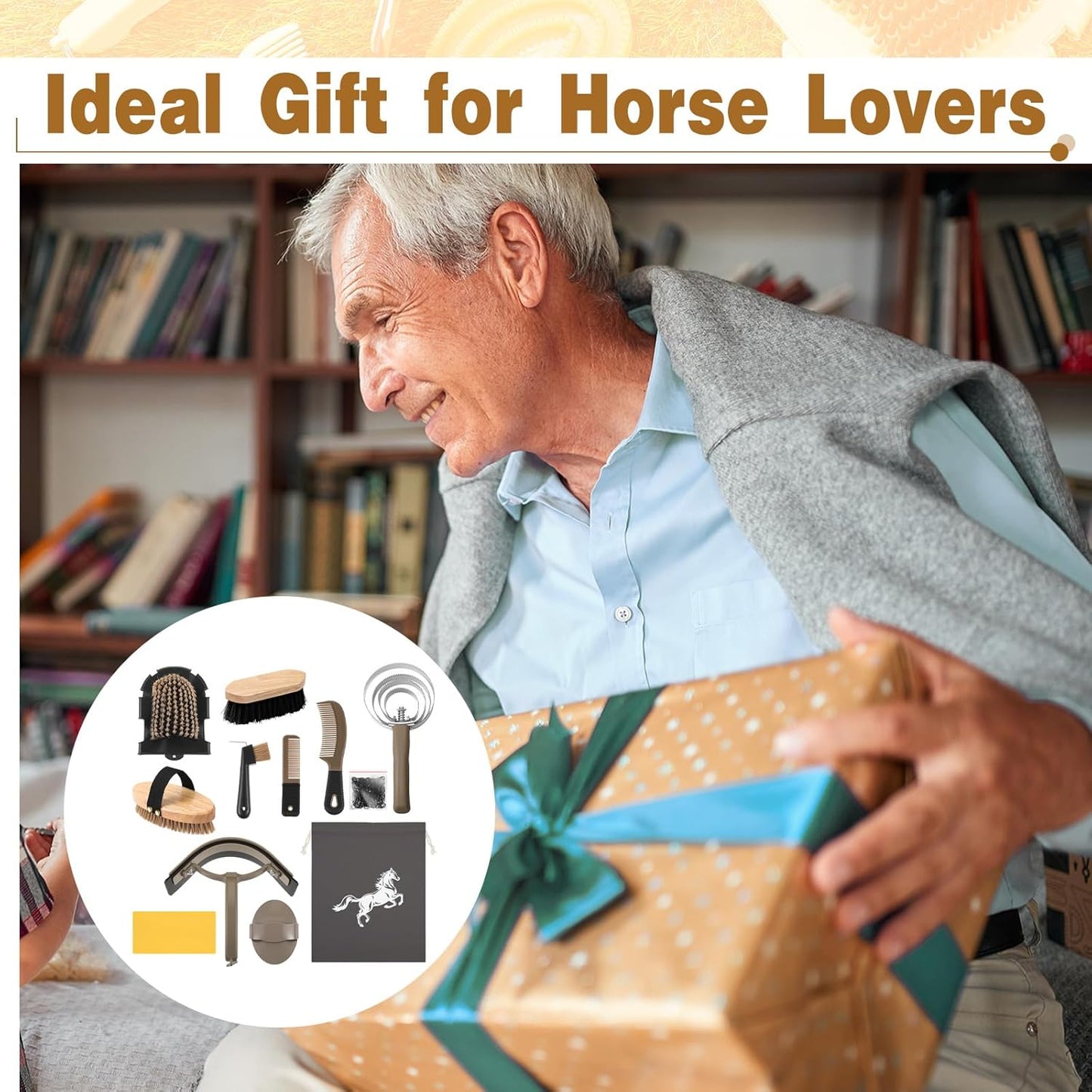 Abbylike 12 Pieces Horse Grooming Kit Racing Festival Tack Room Supplies Horse Brush Sets Equine Care Cleaning Kit Shedding Grooming Massaging Tools(Dark Gray)