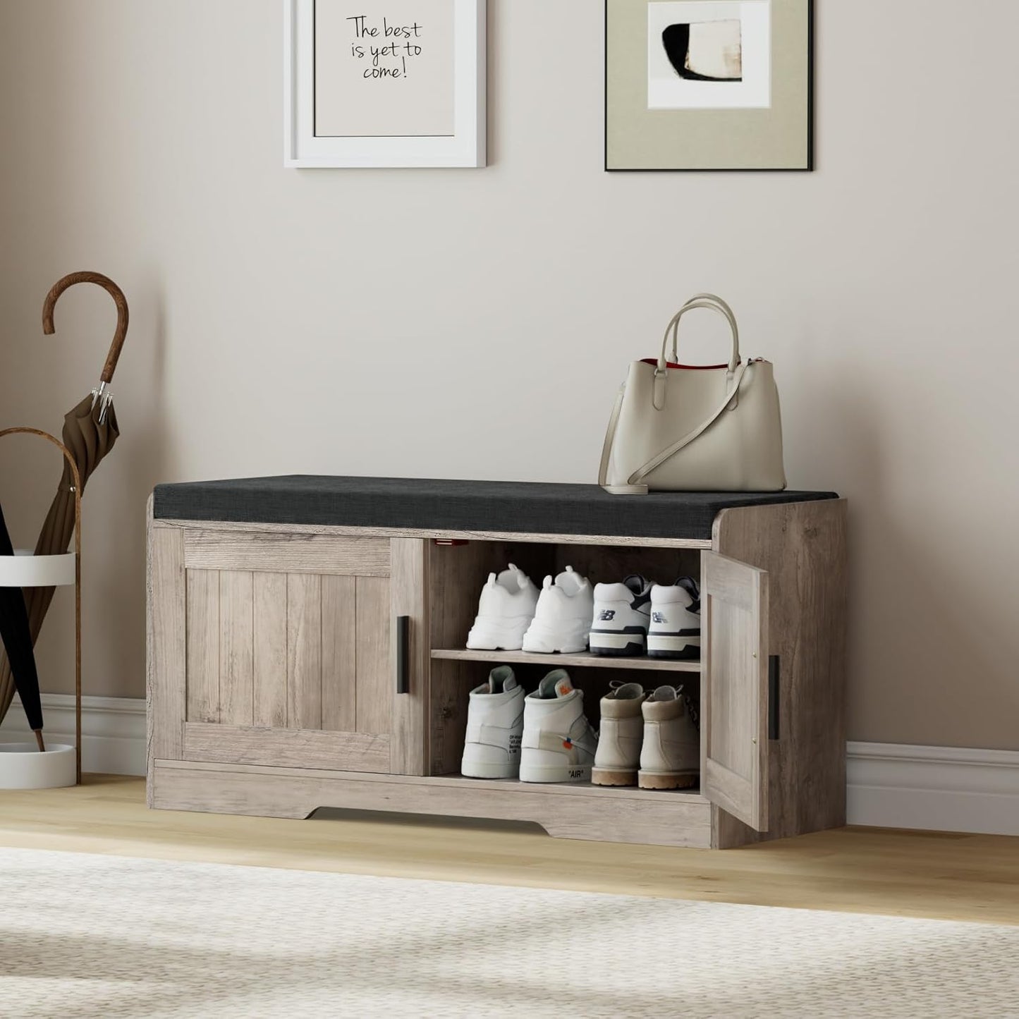 2-Tier Storage Bench, Shoe Bench with Thickened Padded Seat Cushion, Entryway Bench with 2 Doors, Adjustable Shelf, 13.8" D x 37.4" W x 18.5" H, for Entryway, Living Room, Bedroom, Greige