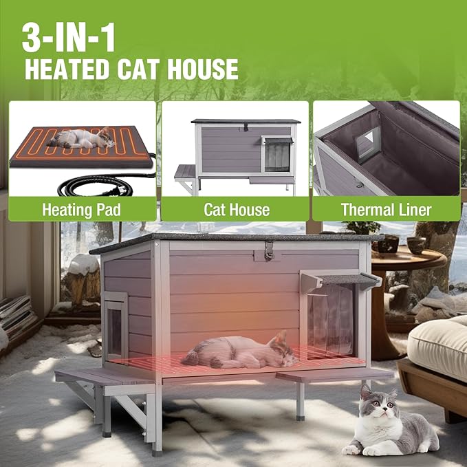 GUTINNEEN Heated Cat House Outdoor Cat House Insulated Weatherproof Feral Cat Shelter with Heated Pad and All-Round Thermal Liner for 1-3 Cats (Winter-Ready)