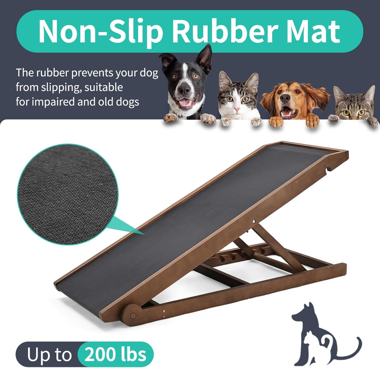 Dog Ramp, Adjustable Height Wooden Folding Pet Ramp for Bed, Couch,SUV-High Traction, Portable Paw Ramps for Small & Large Old Dogs & Cats - Furniture Quality