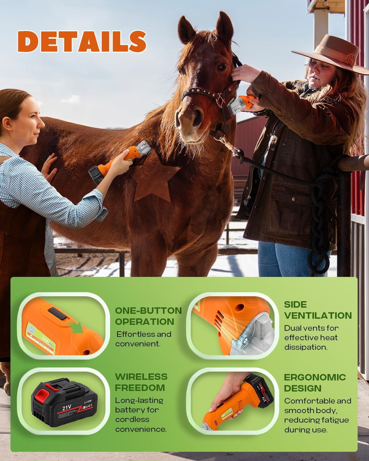 Horse Clippers Cordless, Heavy Duty Horse Grooming Kit, 6-Speed Professional Livestock Clippers with 2PCS 21V 4Ah Lithium Battery for Shaving Horse Pony Cattle Large Dogs