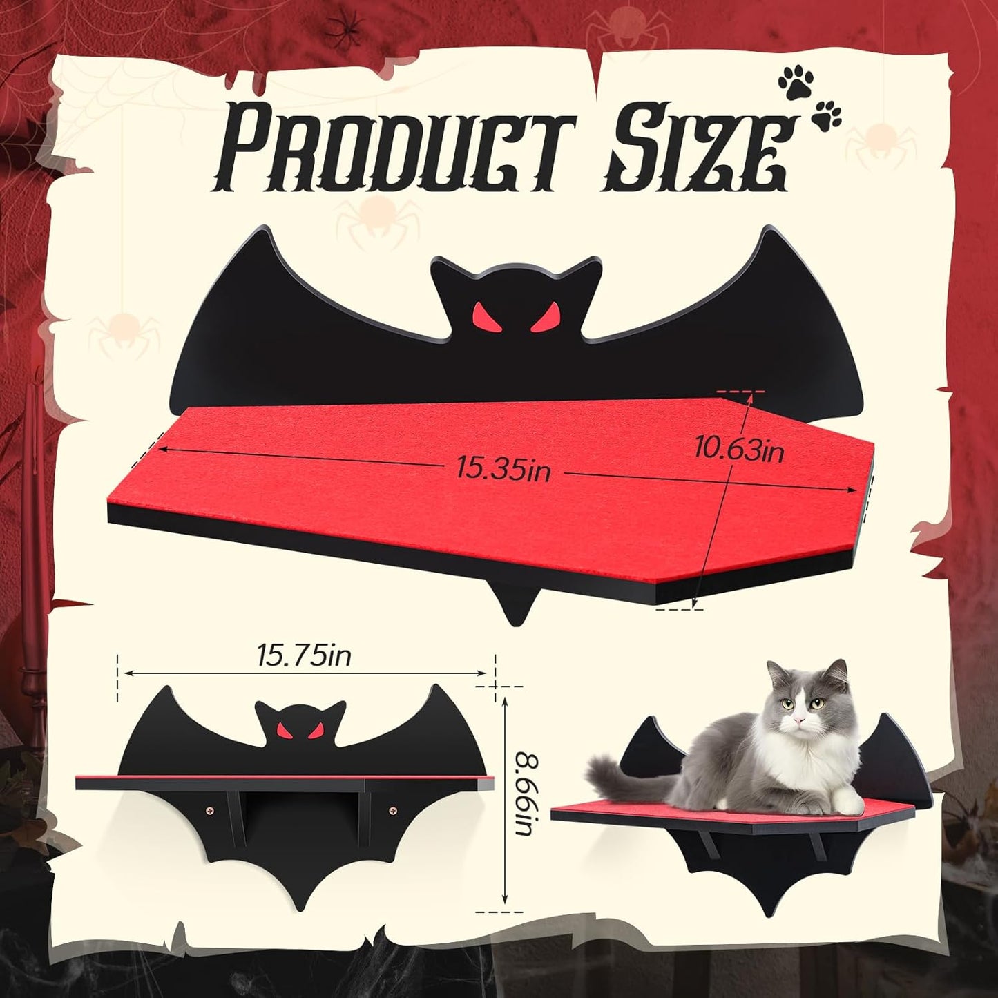 Cat Wall Mount Shelves for Indoor, Gothic Bat Floating Shelf with Coffin Bed Cat Wall Tree Can Load Bearing up to 30 Lbs/ 14 kg