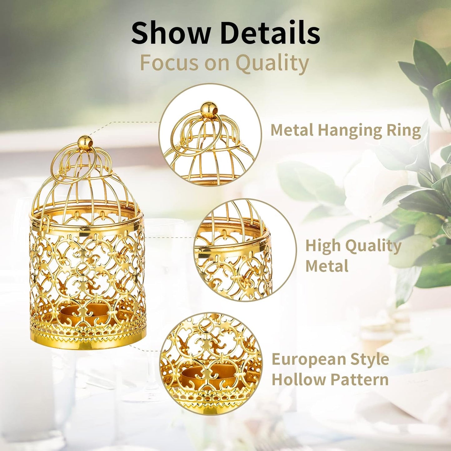 2 Pcs Small Metal Tealight Hanging Birdcage Lantern, Vintage Decorative Centerpieces of Wedding, Party, Gold