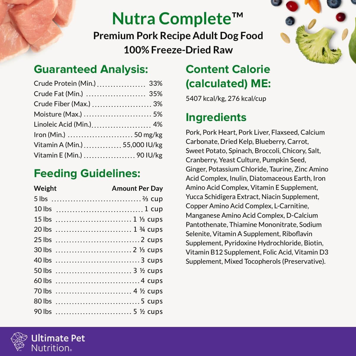 ULTIMATE PET NUTRITION Nutra Complete Freeze Dried Raw Dog Food, Veterinarian Formulated with Antioxidants, Prebiotics & Amino Acids (3 Pound, Pork)