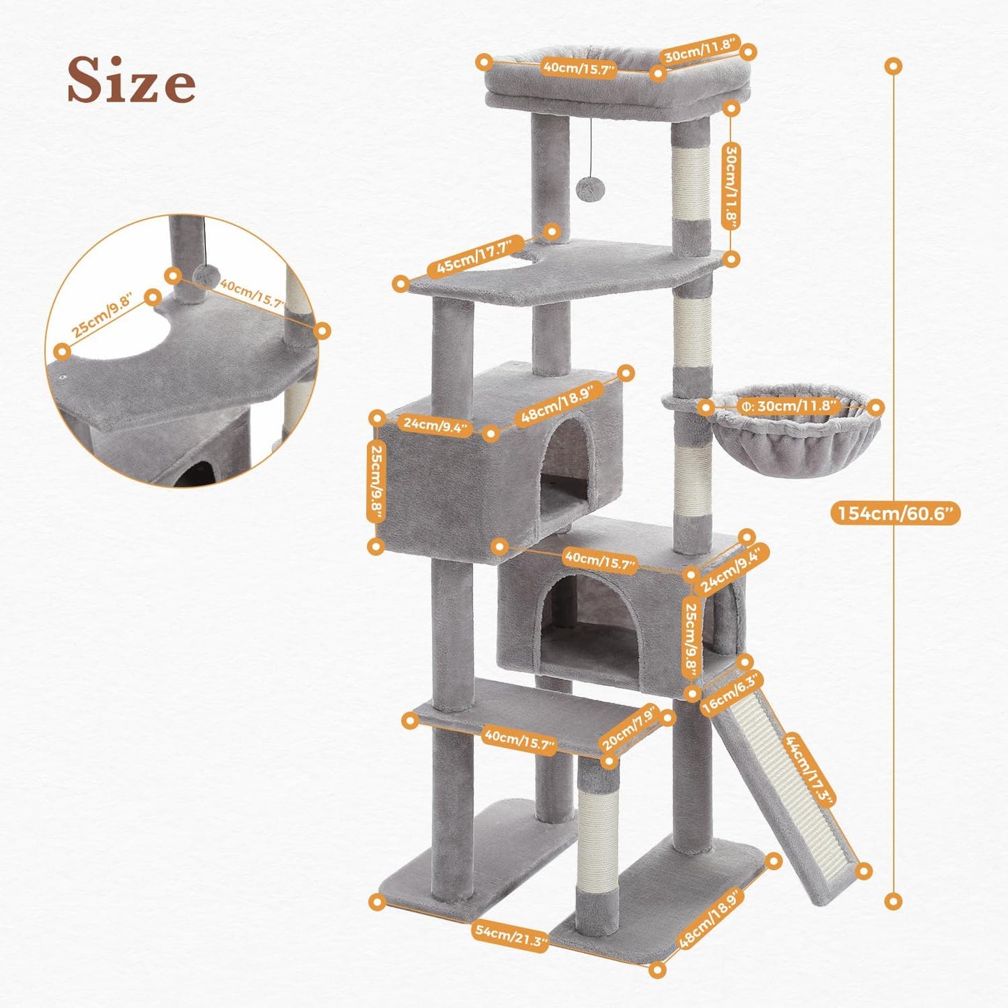 PAWZ Road Cat Tree, 60 Inches Cat Tower with Dual Condos, Spacious Perch, Cozy Basket and Sisal-Covered Scratching Posts for Indoor Cats- Gray
