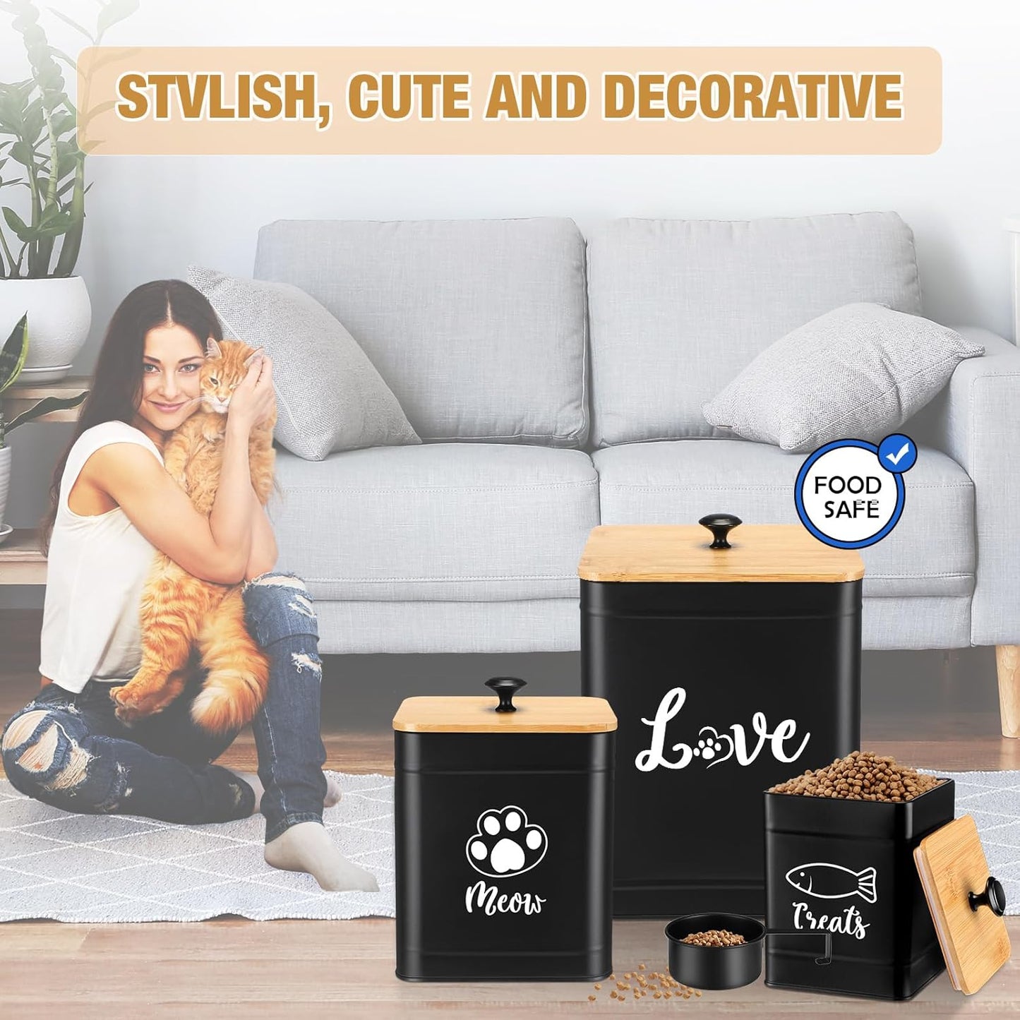 Metal Airtight Cat Food Containers Set of 3 with Bamboo Lids and Spoon 7+3+2 Lbs Cat Treat Storage Container Countertop with DIY Labels Pet Cookie Organizer Jars for Kitchen Counter(Black)