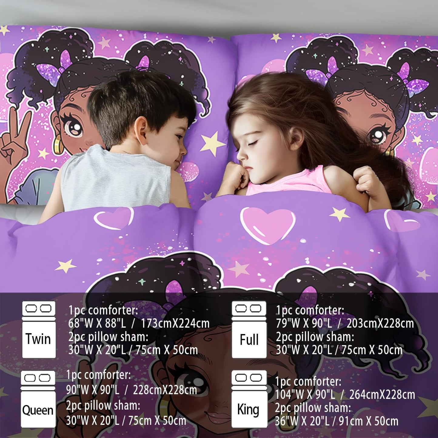 African American Black Girl Comforter Set Queen Size,Cute Black Girl Bedding Set Queen for Kids,Kawaii Heart Comforter Purple Bedding Decor for Teen,Purple Bed Quilt