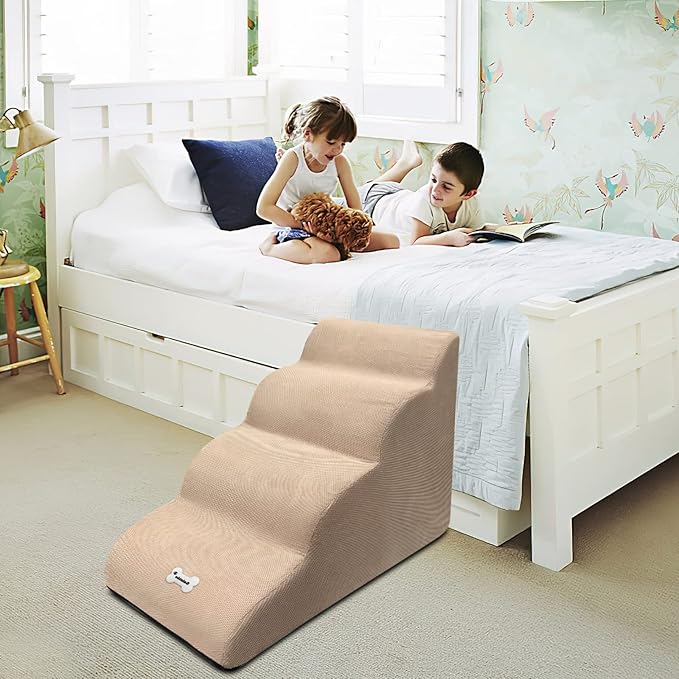 Dog Stairs, Removable and Washable Pet Stairs, 4-Steps Non-Slip Pet Ramp, Dogs Steps for High Bed Sofa, High Resilience Sponge Dog Stairs(Dark Brown)