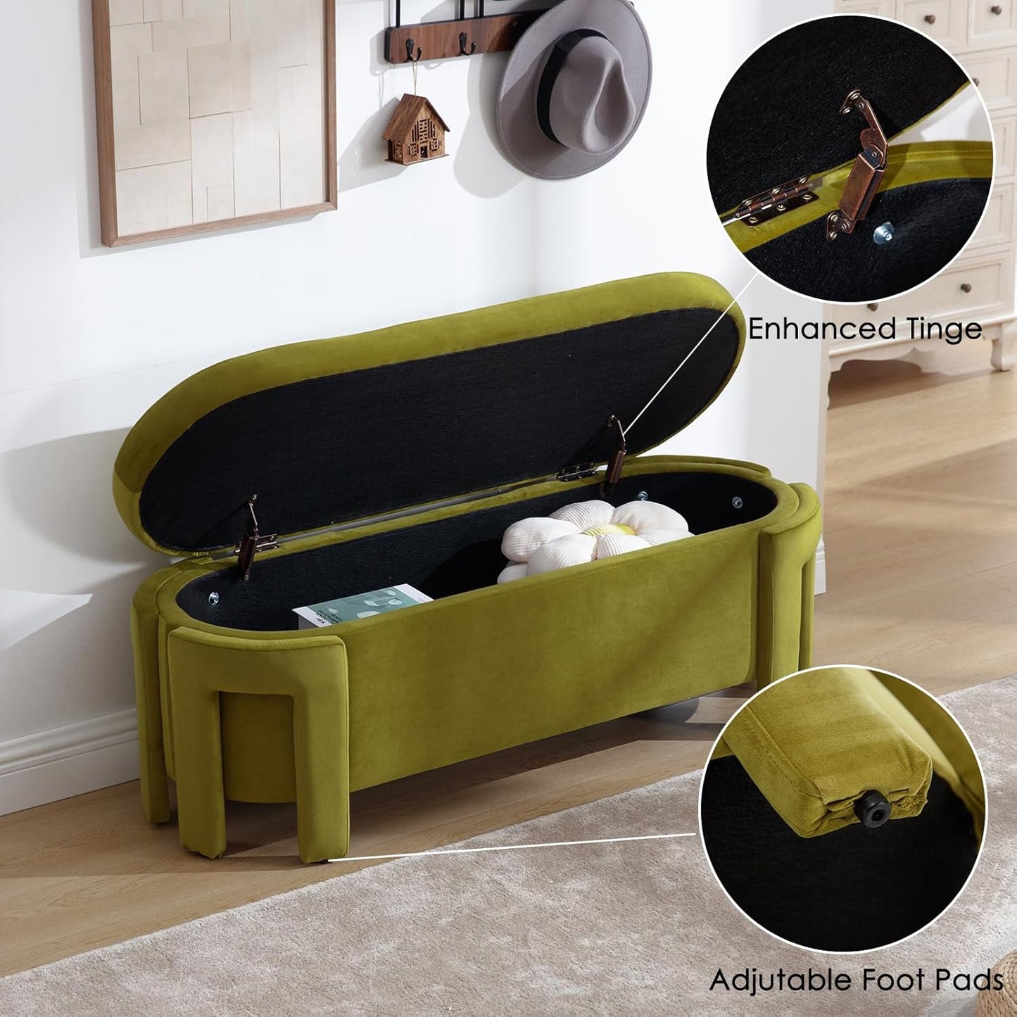 Modern Upholstered Storage Bench, Velvet Fabric 50" Long Entryway Bench with Storage and Seating, Comfy Cute Ottoman Bench for Living Room/End of Bed/Hallway, Olive Green