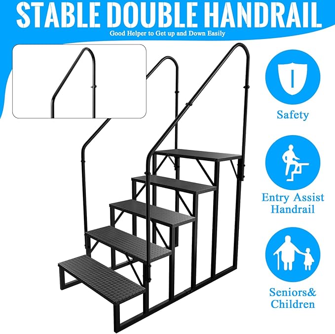 RV Stairs 5 Step Ladder, RV Steps Anti-Slip, Hot Tub Steps with Handrail, 660 lbs RV Ladder for 5th Wheel RV, Mobile Home Stairs(2 Handrails