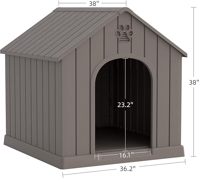 Large Dog House Outdoor Indoor for Medium Large Dogs, Durable Plastic Waterproof Doghouse with Air Vents and Elevated Floor, Easy Clean and Assemble (Grey, 36.2''L×38''W×38''H)
