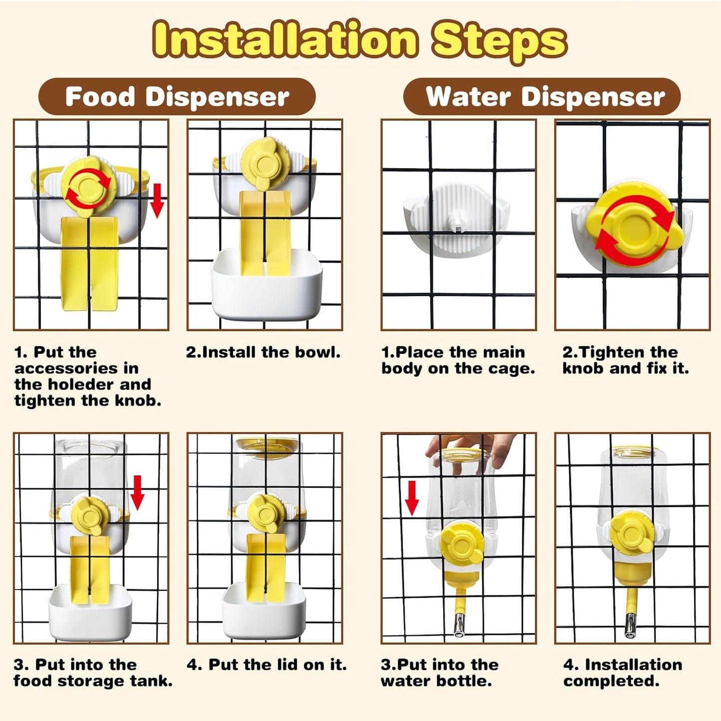kathson Automatic Rabbit Feeder and Waterer Set, Gravity Pet Food Water Dispenser Bunny Pellet Feeder Small Animal Feeding & Watering Supplies for Guinea Pig Ferret Crate Accessories (Yellow)
