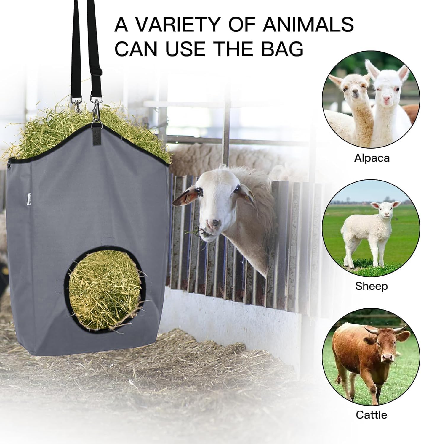 3 Packs Goat Hay Feeder,Hay Bags for Goats,Horses,Sheep,Premium 600D Oxford Cloth,with Metal Fastener and Adjustable Open Feed Hole for Slow Feeding. (1 Black+2Grey)