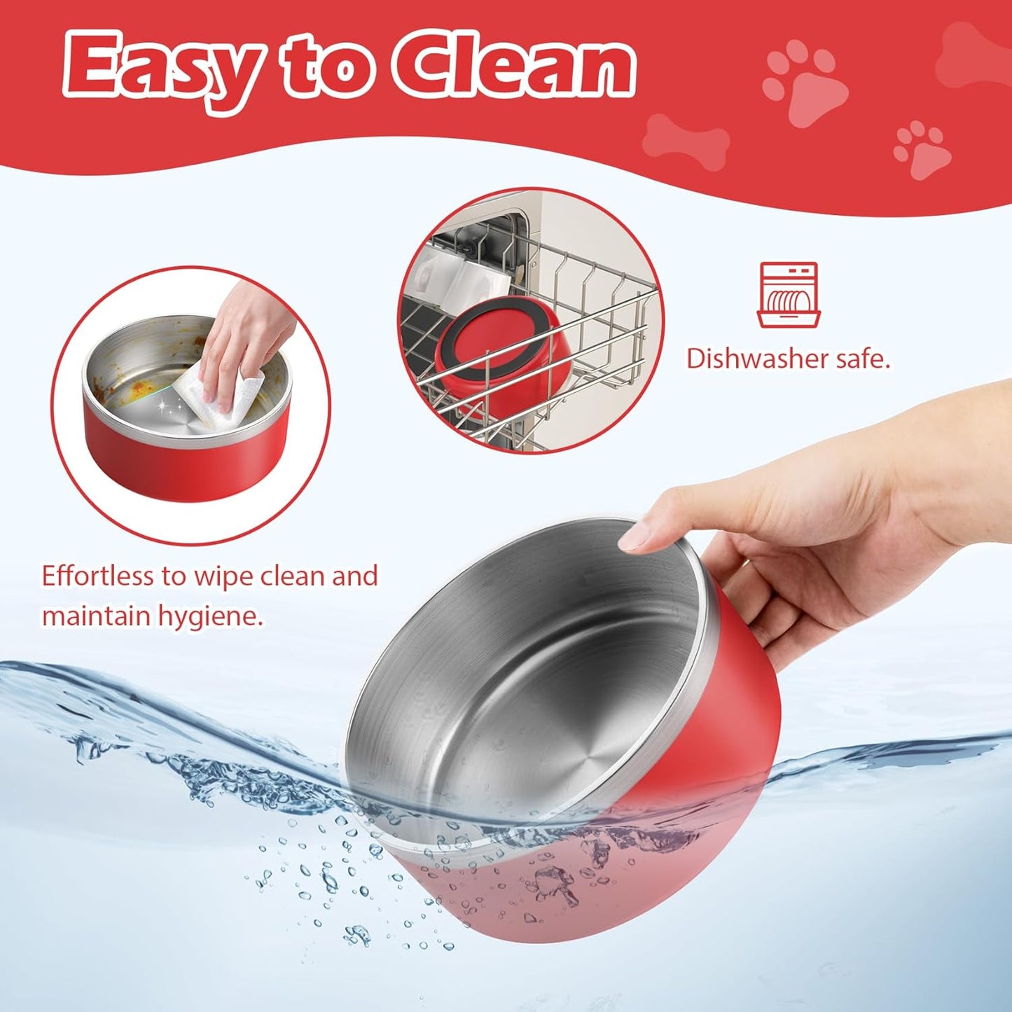 LIANLAI Dog Bowls Large Sized, Rust-Resistant Stainless Steel Dog Bowls, Non Slip Puppy Dishes, Dishwasher Safe (Red,64 oz)