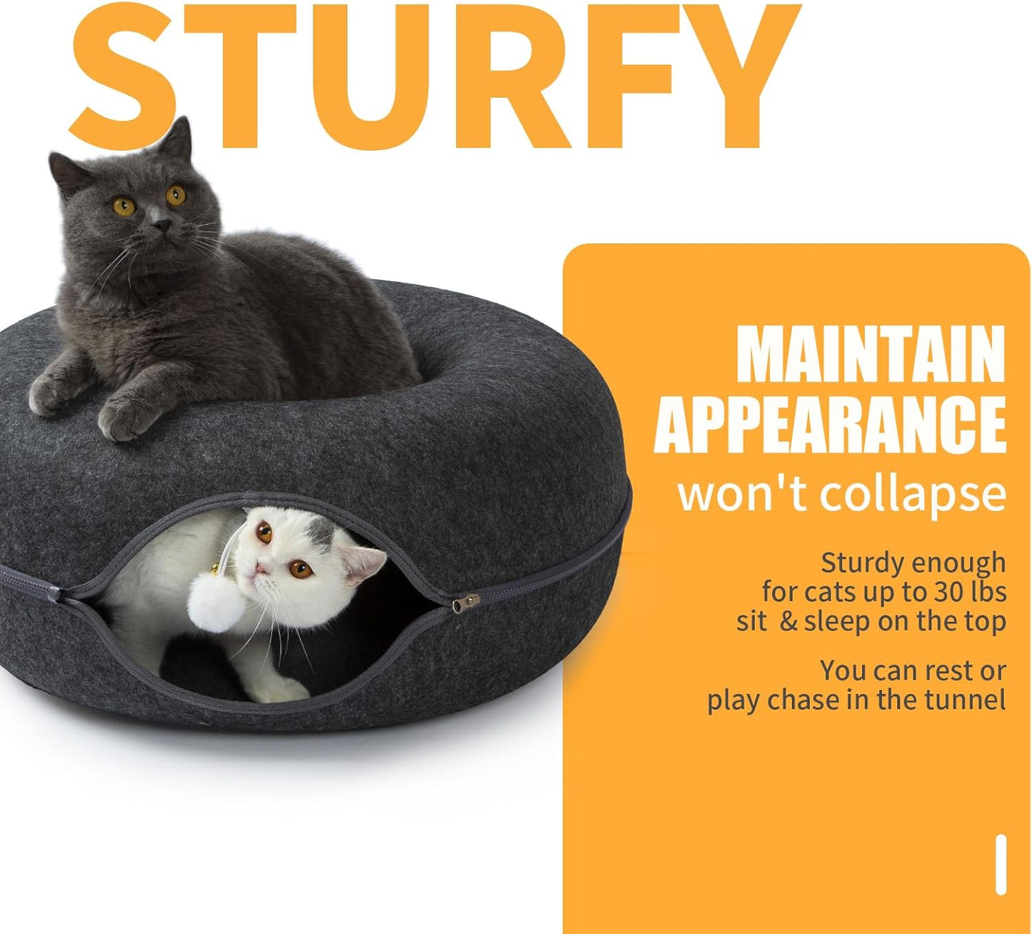 Jia Xi Indoor Cat Hideout Tunnel Bed - Donut Cat Condo and Cave - Dark Grey (20 in * 20 in * 8 in)