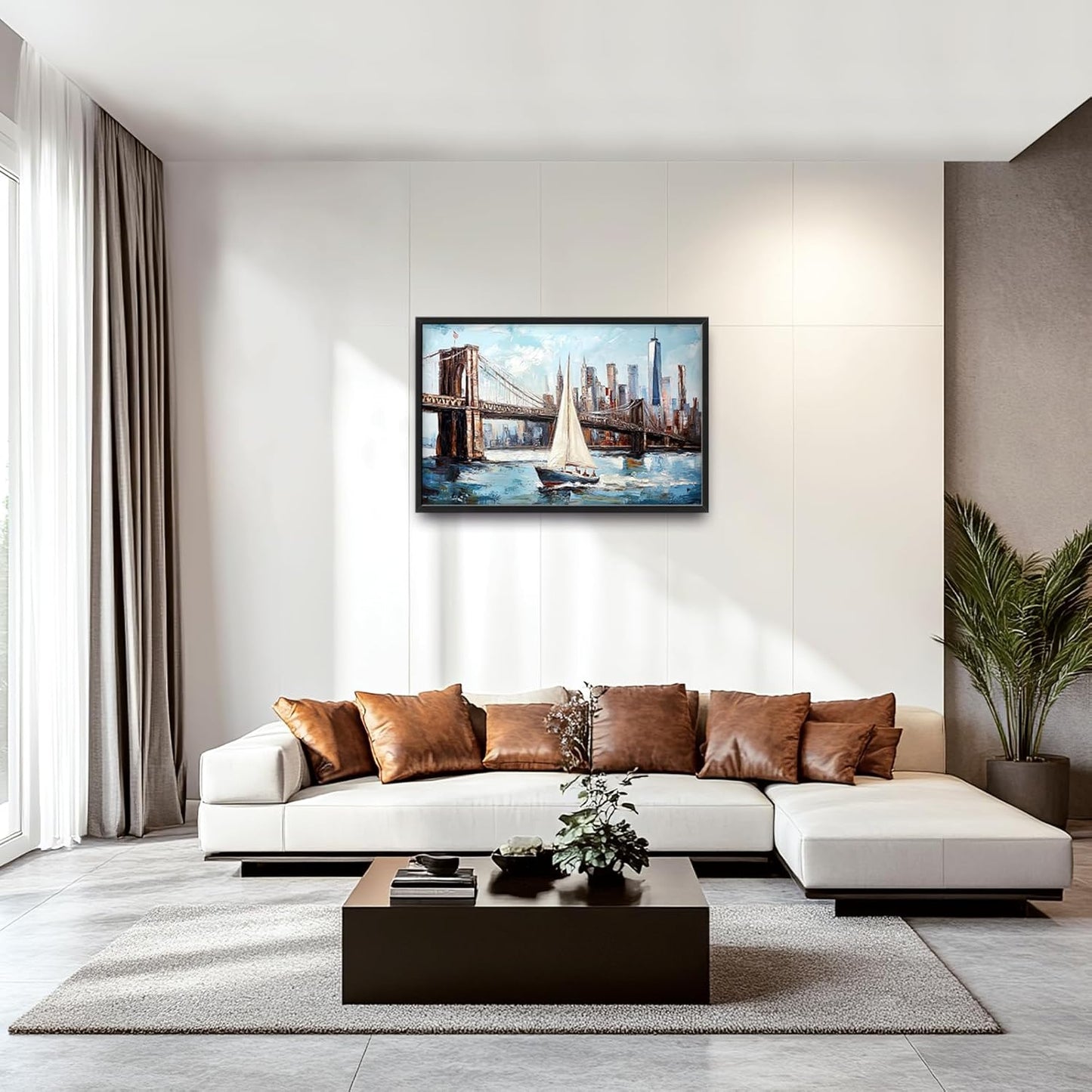 Extra Large Sailboat Framed Wall Art for Living Room,Oversized New York Brooklyn Bridge Pictures Wall Decor,Cityscape Canvas Print Painting Modern Artwork Bedroom Office Bathroom 36L" x 24W"