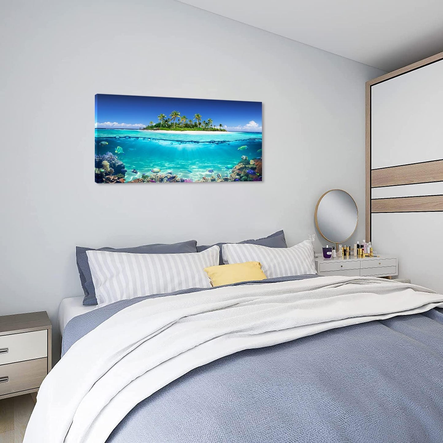 Tropical Island Coral Reef Landscape Canvas Wall Art for Living Room,Unique View Split Waterline Scenery,Beautiful Nature Summer Travel Scenic Picture Print Artwork Painting Decor,Inner Frame 24x48