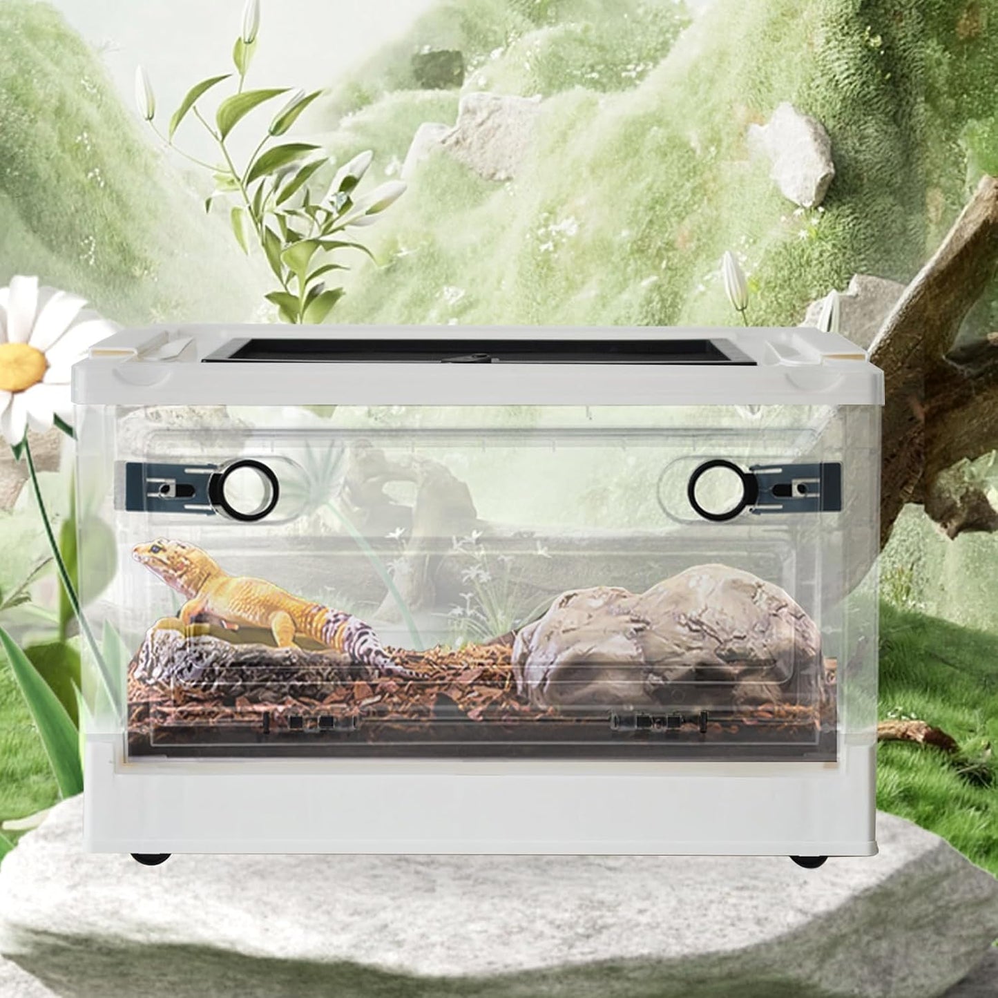 PINVNBY Plastic Reptile Feeding Box with Wheels,Reptiles Breeding Enclosure Cages Transparent Amphibians Habitat Terrarium Tank Portable Transport Container for Lizard,Bearded Dragon(White)
