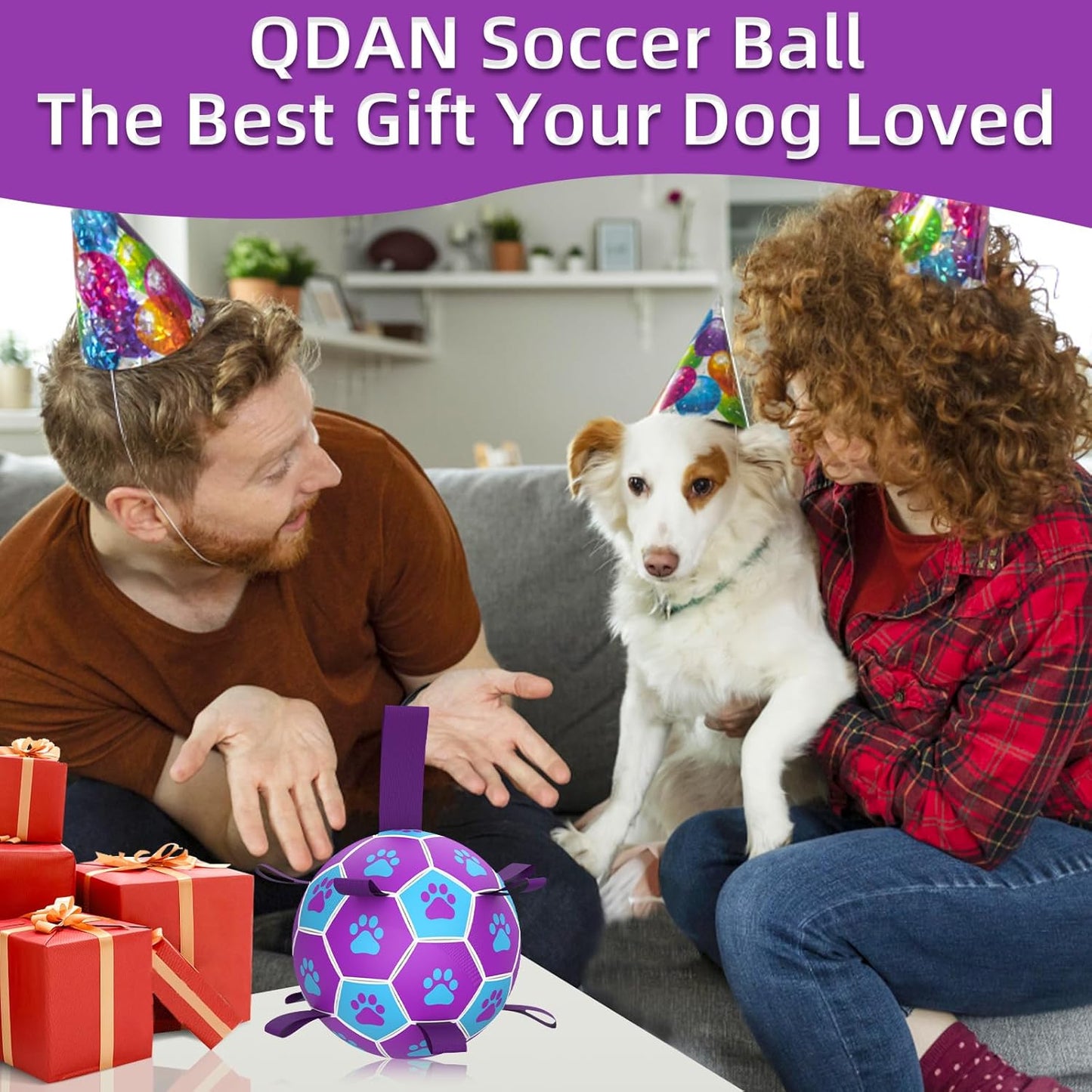 QDAN Dog Ropes Toys Soccer Ball with Straps, Puppy Birthday Gifts, Tug of Toy, Water Toy, Durable Balls for Dogs, Medium Small Breed, 6 Inch