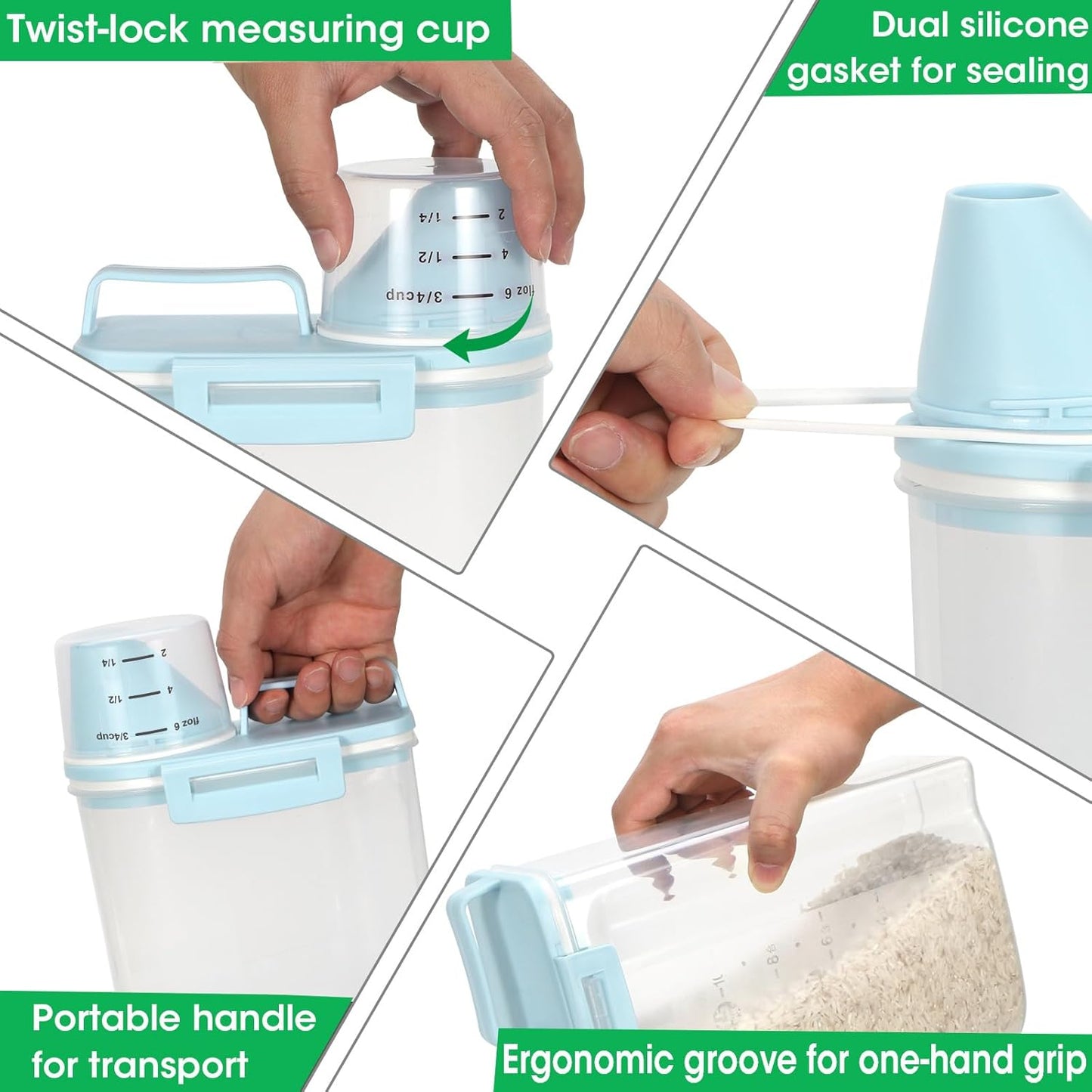 TBMax Rice Storage Container 2 Pack, Plastic Kitchen Pantry Food Storage Container with Cup, Small Pet Dog Cat Food Container Dispenser - Sky Blue