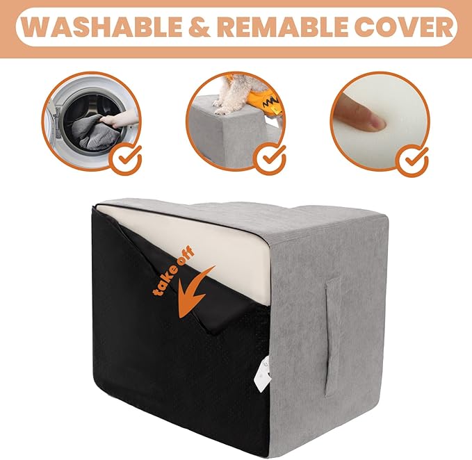 MEWANG Dog Stairs for Small & Medium Dogs and Old Cats –3/4/ 5 Steps High-Density Foam Pet Ramp for Bed & Couch, Non-Slip, Washable Cover, Grey (Square Corner, 4 Steps: 23.94''×18.27''×14.96'', 2)