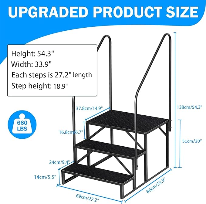 RV Step 3 Step Ladder, Upgrade RV Step with Handrails, Heavy Duty RV Stairs with Anti-Slip Pedal Hot Tub Steps, Removable Camper Step for Spa/Porch/Pet/Mobile Home(2 Handrails