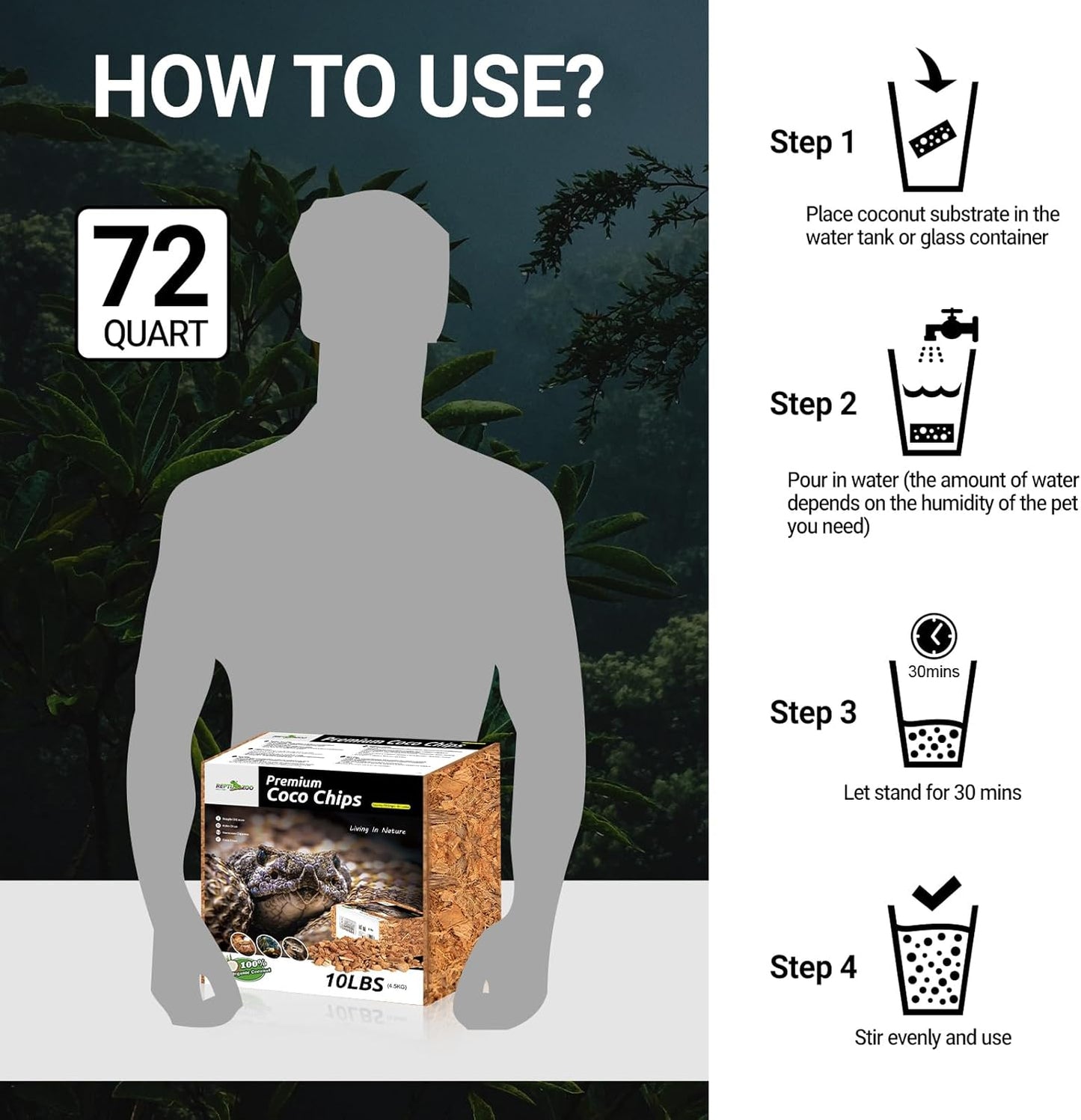 REPTI ZOO 72 Quart Reptiles Coconut Chip Substrate, Coco Husk Reptiles Bedding for Ball Python, Snakes, Geckos, Lizards, Tortoises, Frogs | Terrarium Tanks Substrate