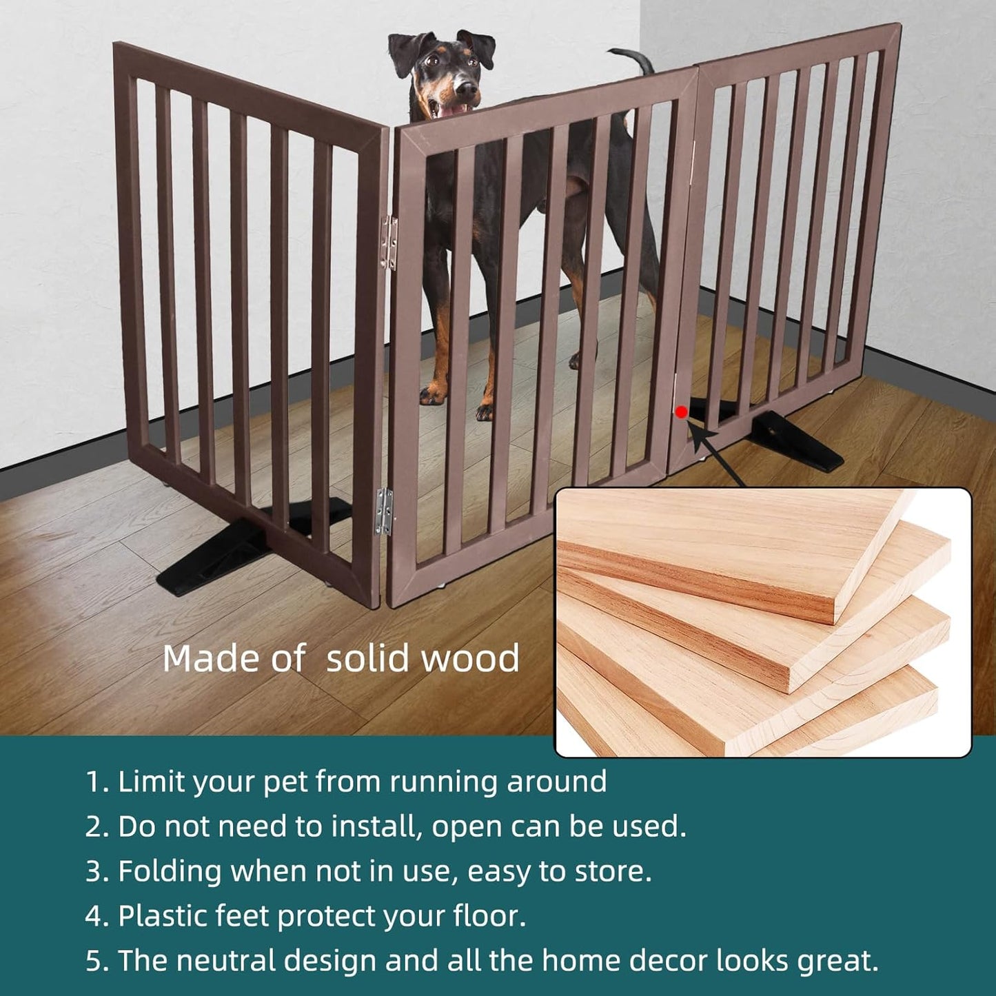 ZJSF Freestanding Indoor Dog Gate for House Foldable Wood Puppy Gate for Doorways Pet Gate for Stairs Extra Wide Pet Fence, Brown, 24" Height 3 Panels