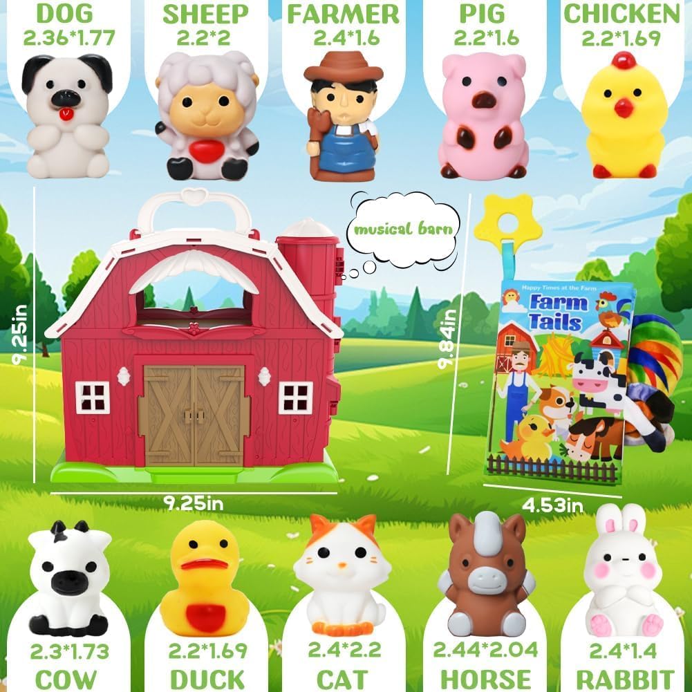 Big Musical Red Barn Toy Farm Animal Finger Puppets for 1 2 3 4 5 Years Old, Animal Figures Playset with Farm Tails Baby Book, Sensory Learning Toys Gift for Toddlers Boys Girls
