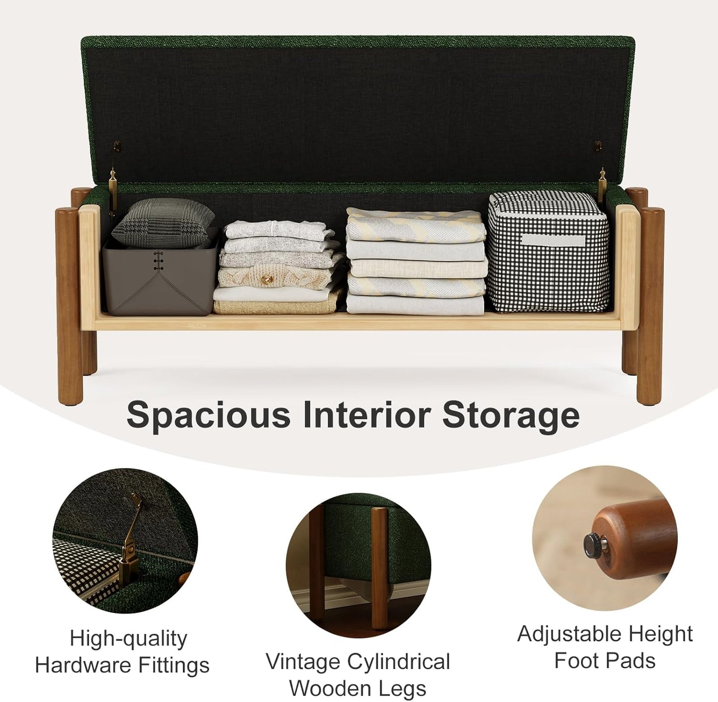 Storage Ottoman Bench, End of Bed Bench for Bedroom, 47" Boucle Upholstered Entryway Shoe Seat Benches, Holds up to 660 lb Storage Ottoman, Padded Blanket Chest Stool Foot Rest for Living Room Green