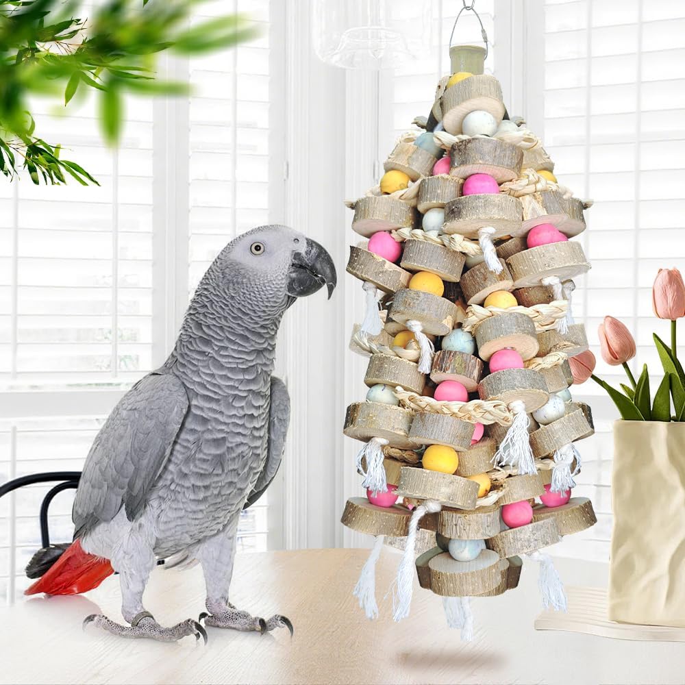 Bird Toys for Large Parrots Toys Natural Colored Wooden Bird Cages Chew Accessories for Macaws, Cockatoos, African Grey, and Amazon Parrots,