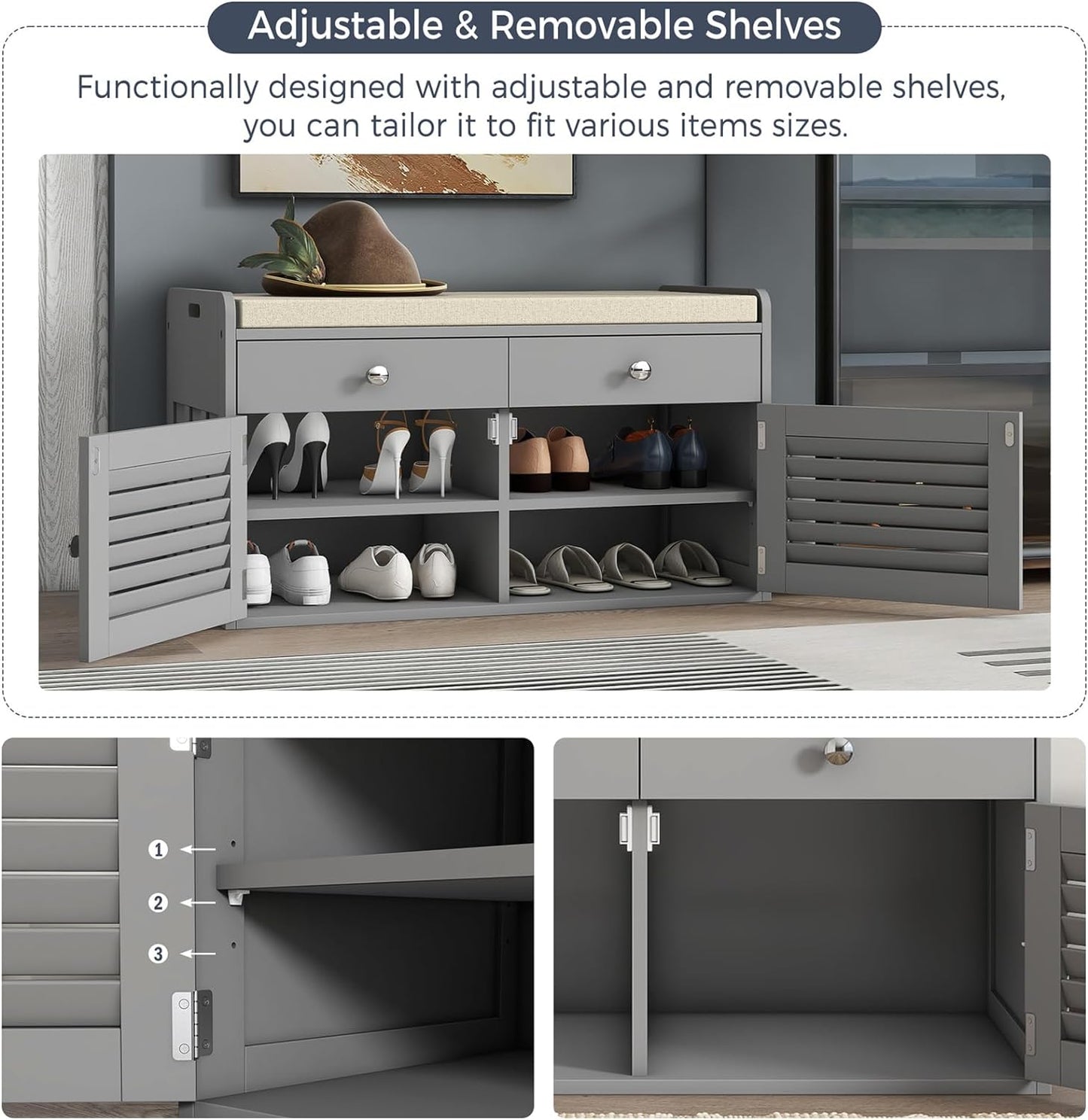 Shoe Storage Bench with 2 Drawers & 2 Doors, Entryway Bench with Cushion, 2 Adjustable Shelves, Shoe Cabinet for Entryway, Living Room, Hallway, Mudroom, Bedroom, Grey