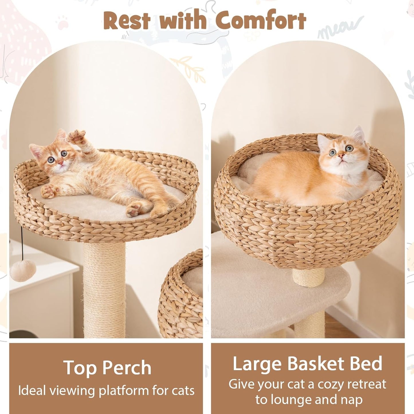 Tangkula Modern Cat Tree, Tall Cat Tower with Natural Sisal Scratching Post, Hand-Made Wicker Cat Condo & Top Perch, Funny Hanging Toy Ball, Cute Cat Tree Tower for Indoor Cats