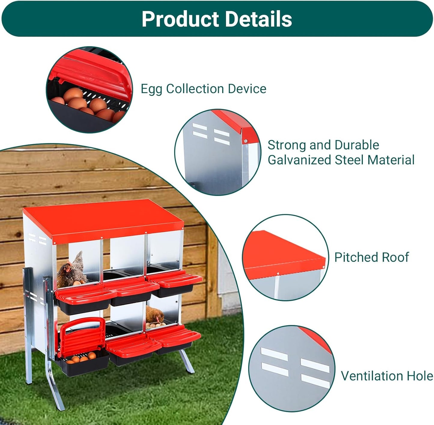 Nesting Boxes for Chickens, Chickens Laying Boxes for Chicken Coop with Legs, 6 Compartments Chicken Nesting Boxes, with Removable Tray, Easy Cleaning, for Hens Outdoor Chicken Coop Farm Yard, Red