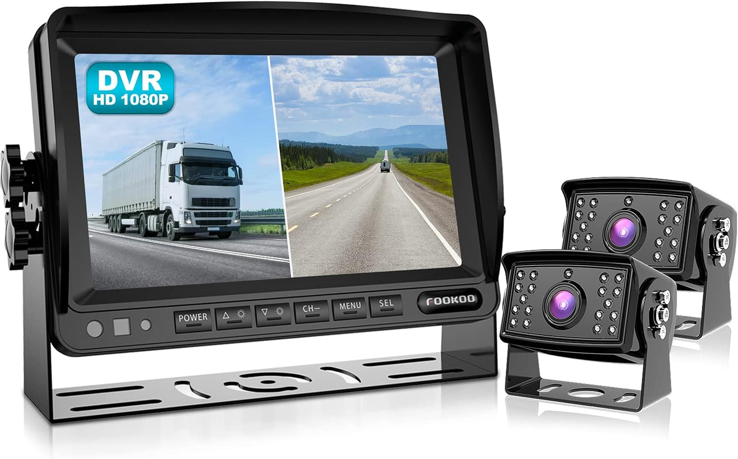 Fookoo Ⅱ 7" HD 1080P Wired Backup Camera System, 7-inch Dual Split Screen Monitor W/Recording IP69 Waterproof Front View Rear View Camera Parking Lines for Truck/Trailer/RV/Skid Steer (FHD2)