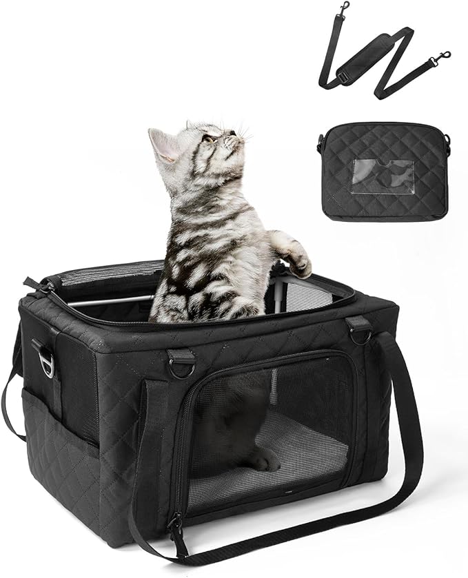 PETUX Small Cat Carrier - Pet Carrier Airline Approved for Kitten Under 10 lb - Escape-Proof, Foldable & Portable Cat Carriers for Travel, Vet Visits with Removable Bag, Safety Buckle & Leash - Black